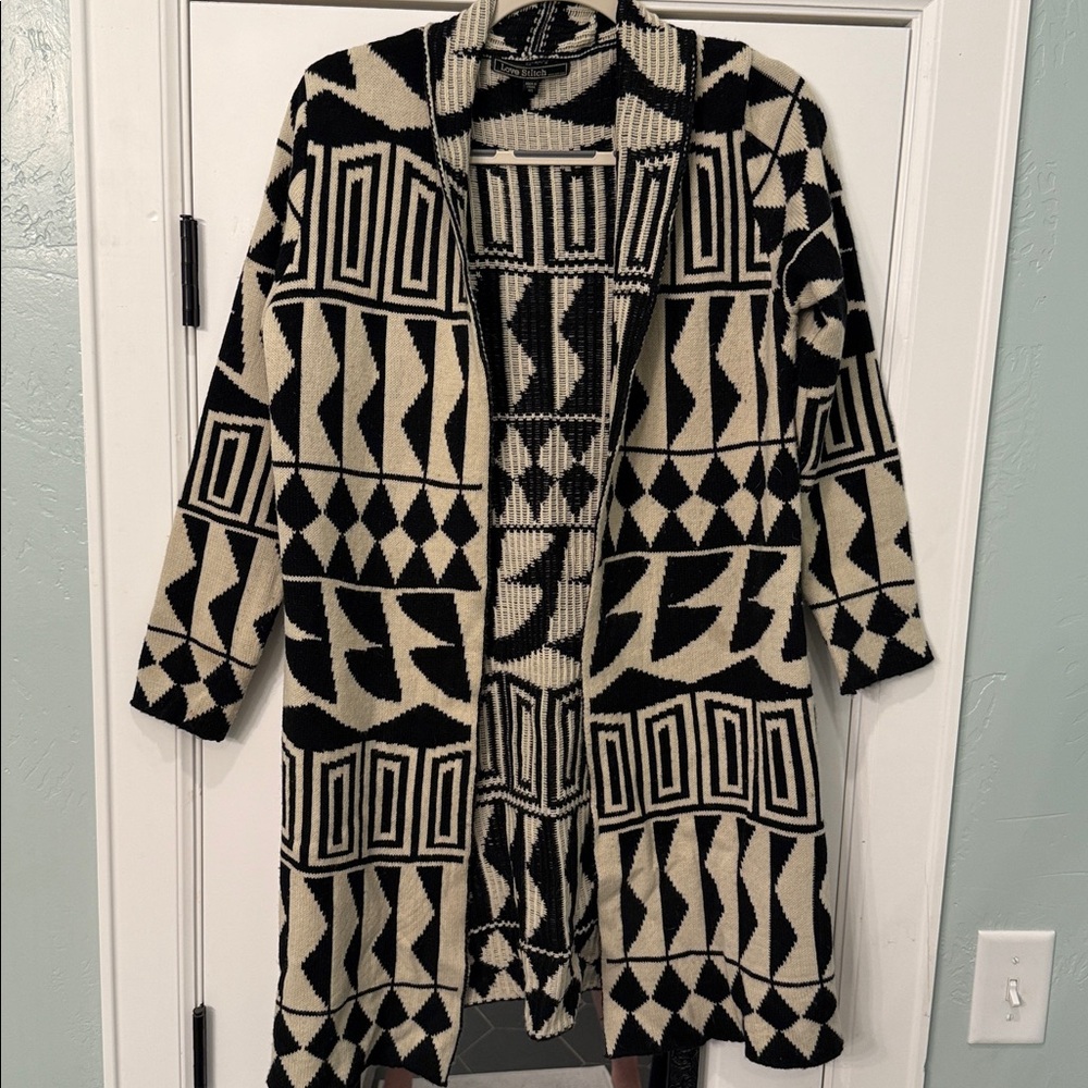 Love Stitch Black and Cream Aztec print Knit Cardigan